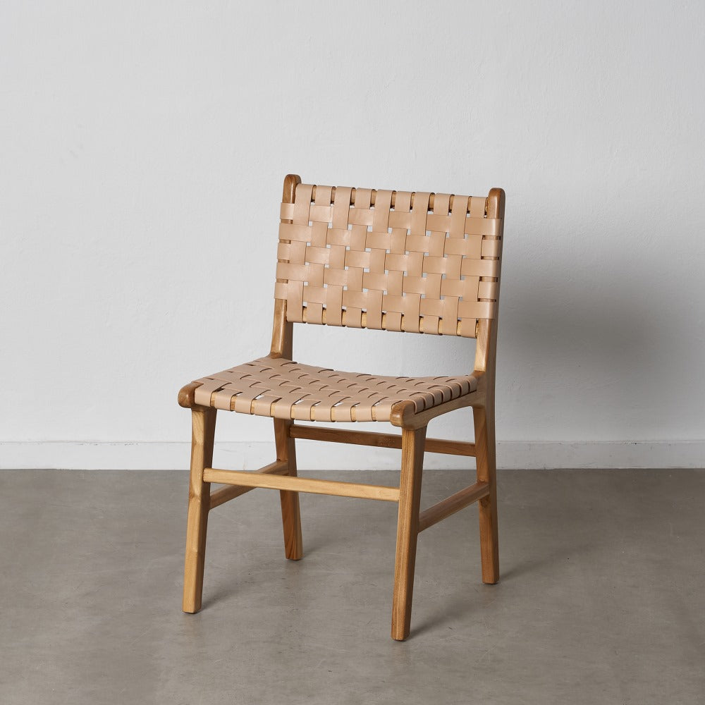 SILLA BEIGE MADERA TECA-PIEL 50 X 56 X 87 CM
