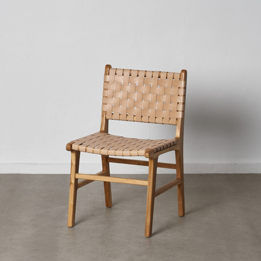 SILLA BEIGE MADERA TECA-PIEL 50 X 56 X 87 CM