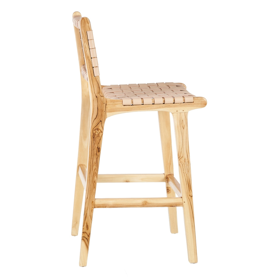 TABURETE BEIGE MADERA TECA-PIEL 45 X 57 X 95 CM