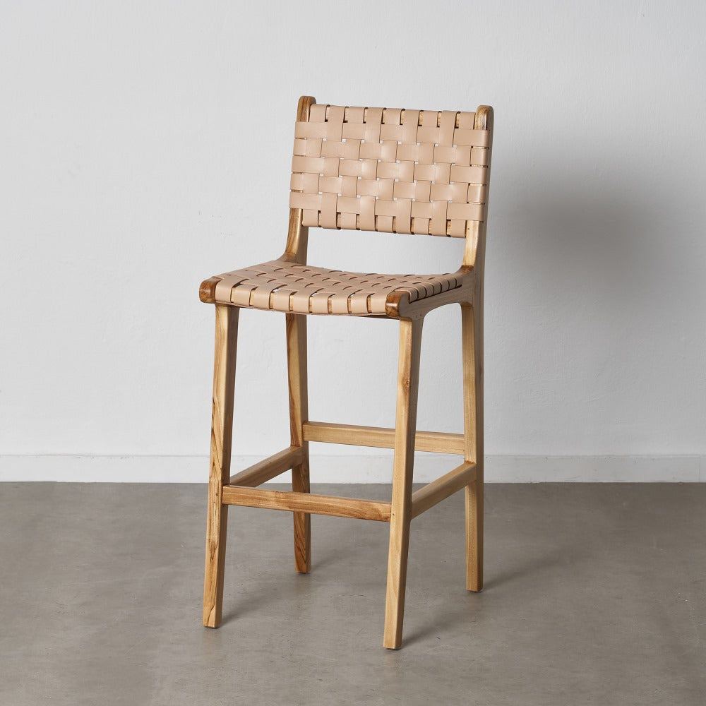 TABURETE BEIGE MADERA TECA-PIEL 45 X 57 X 95 CM