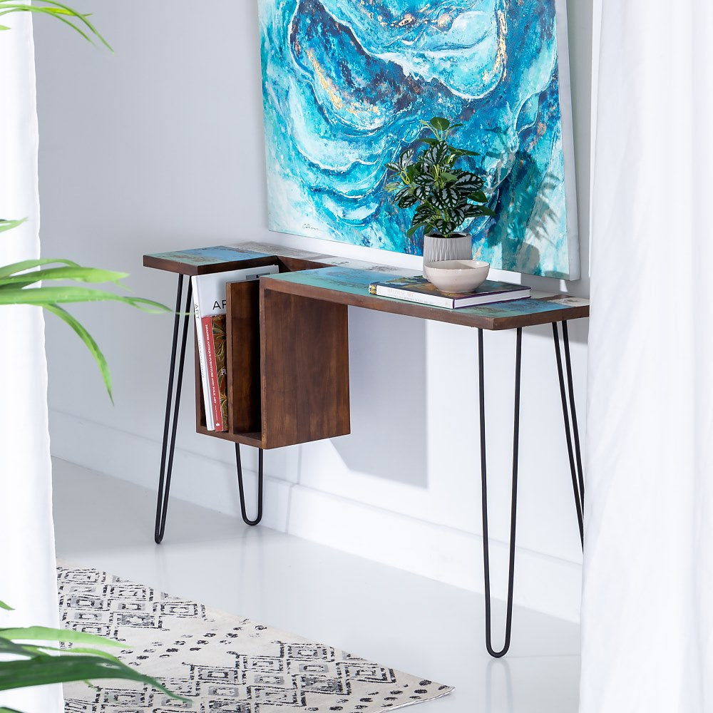 BROWN-BLUE WOOD / METAL DESK 140 X 35 X 77 CM