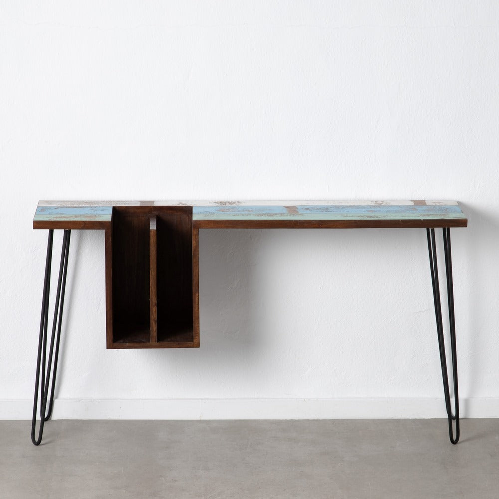 BROWN-BLUE WOOD / METAL DESK 140 X 35 X 77 CM