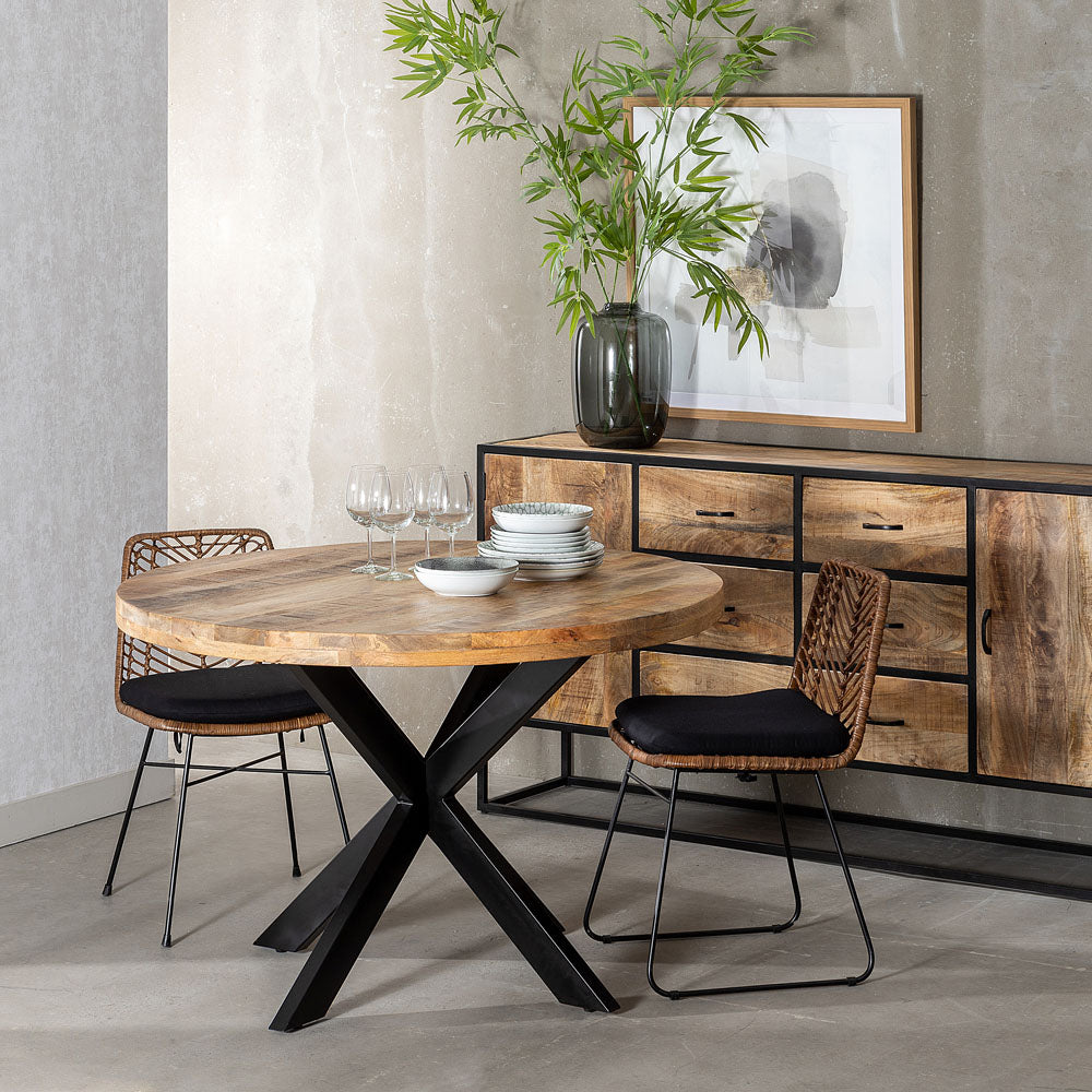 MESA COMEDOR NATURAL-NEGRO MADERA-HIERRO 120 X 120 X 79 CM