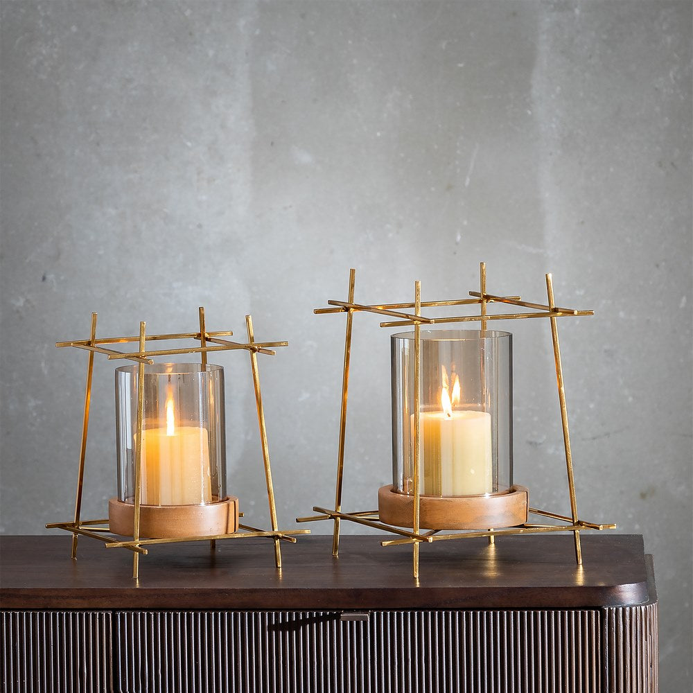 GOLD-BROWN METAL-WOOD CANDLE HOLDER 20 X 20 X 23 CM