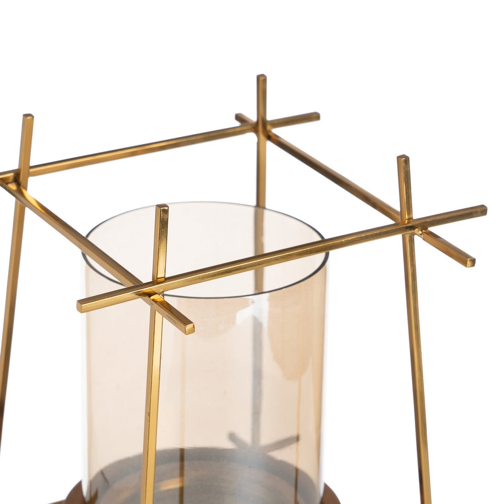 GOLD-BROWN METAL-WOOD CANDLE HOLDER 20 X 20 X 23 CM