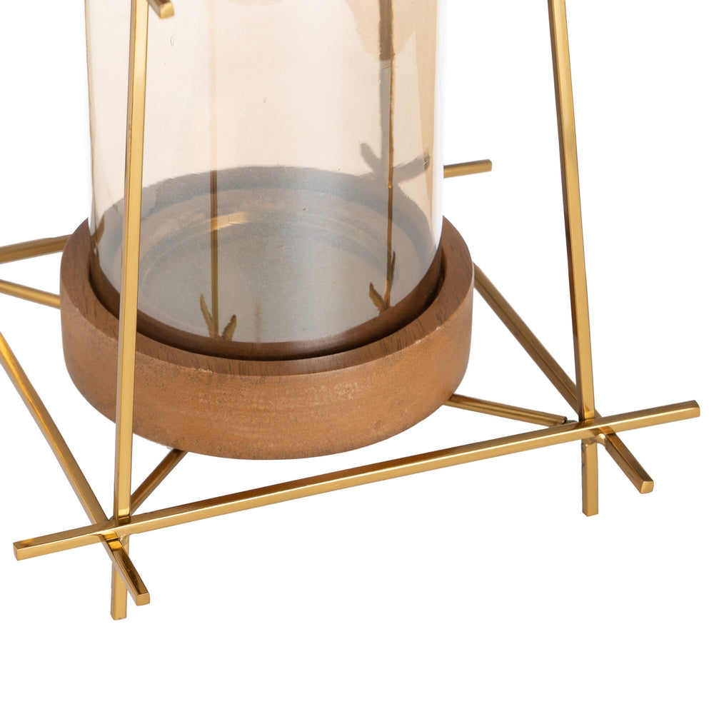 GOLD-BROWN METAL-WOOD CANDLE HOLDER 20 X 20 X 23 CM