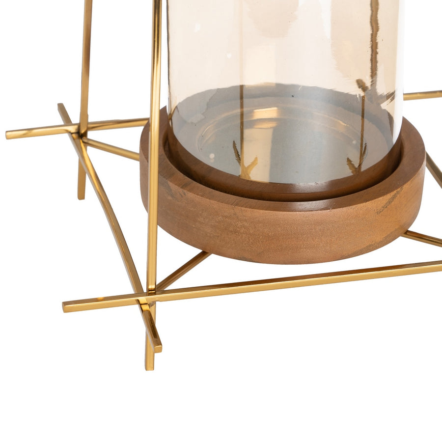 PORTAVELAS ORO-MARRÓN METAL-MADERA 24 X 24 X 26 CM
