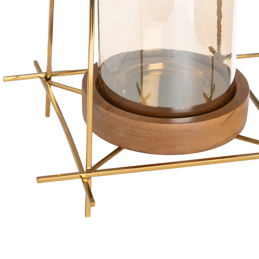 CANDLE HOLDER GOLD-BROWN METAL-WOOD 24 X 24 X 26 CM