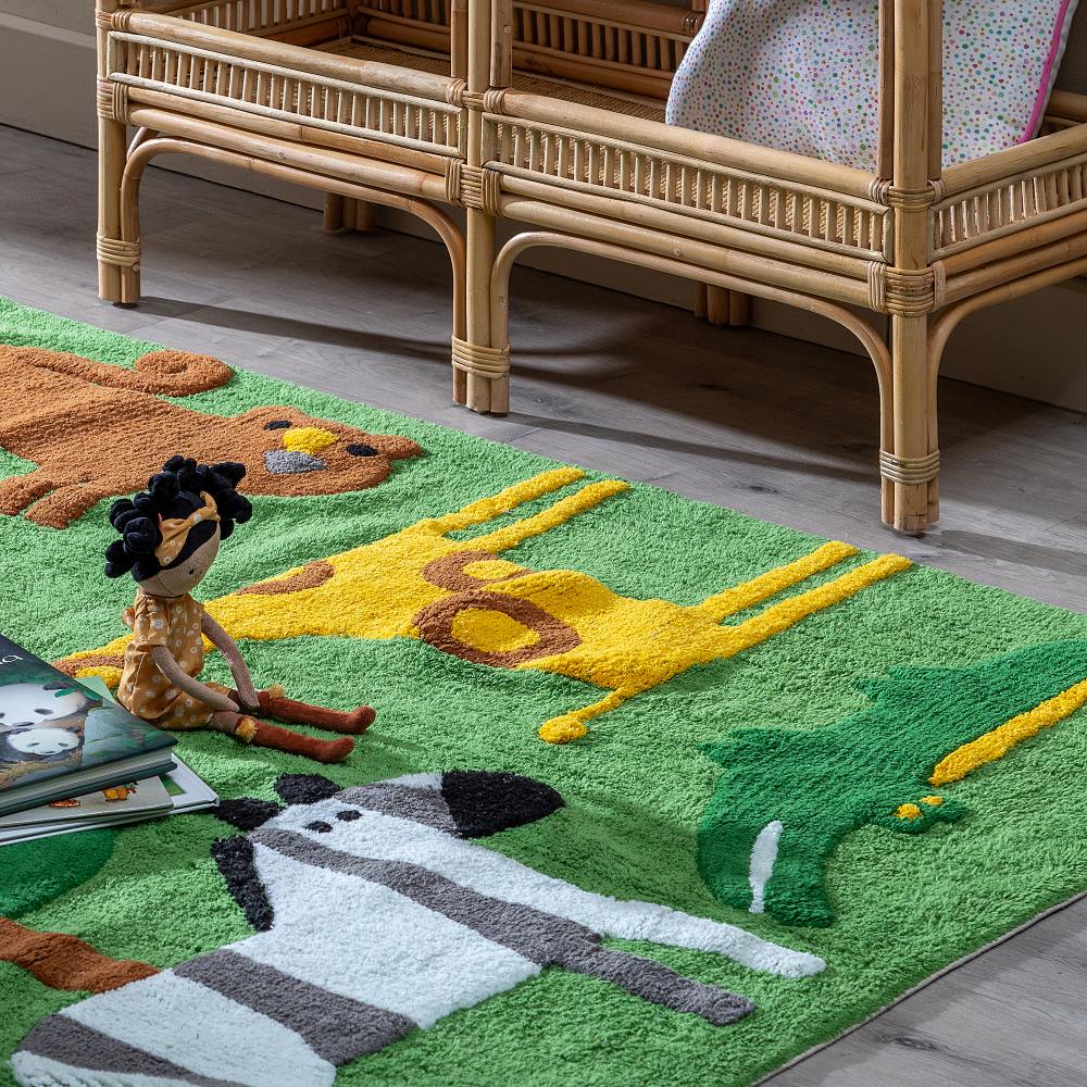 ALFOMBRA ANIMALES VERDE ALGODÓN INFANTIL 135 X 100 CM