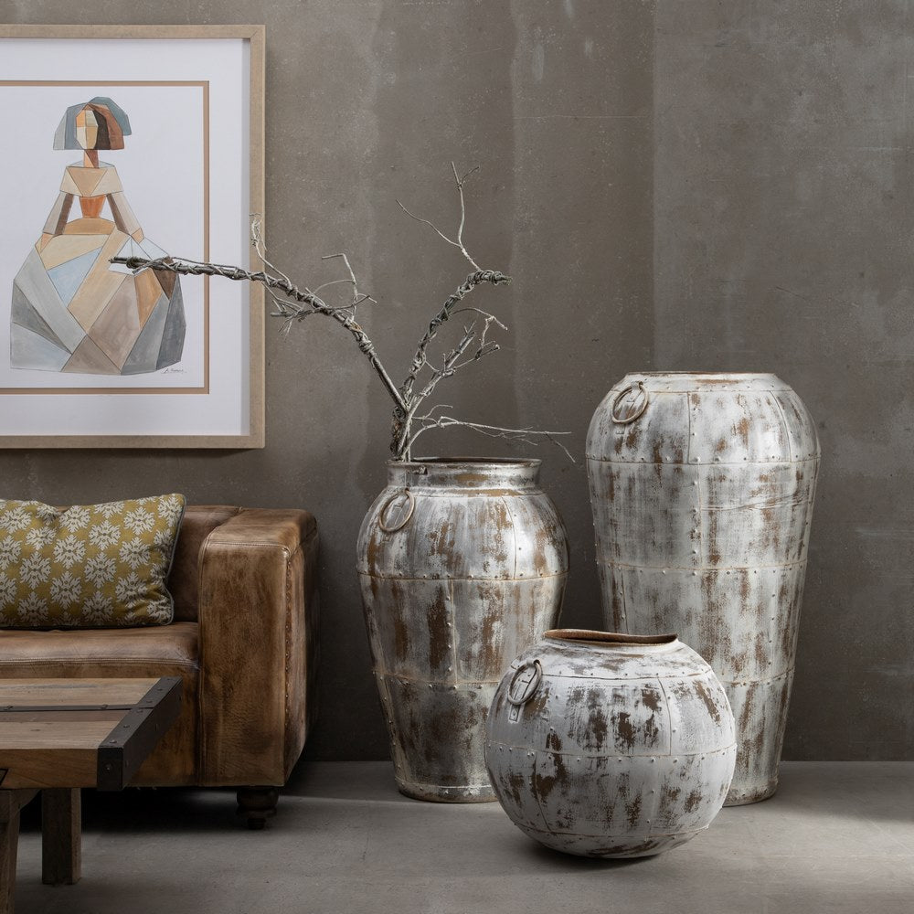 VASIJA BLANCO ROZADO METAL DECORACIÓN 48 X 48 X 43 CM