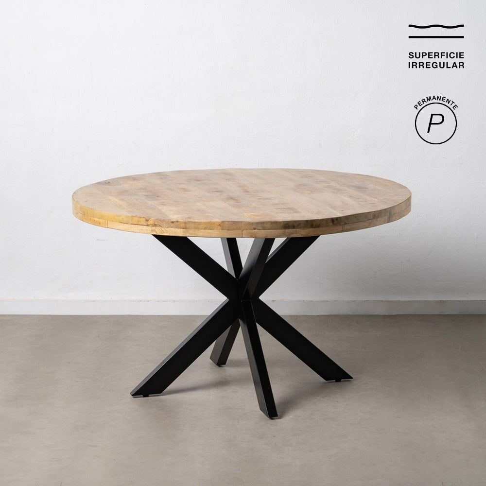 MESA COMEDOR NATURAL-NEGRO MADERA-HIERRO 130 X 130 X 77 CM