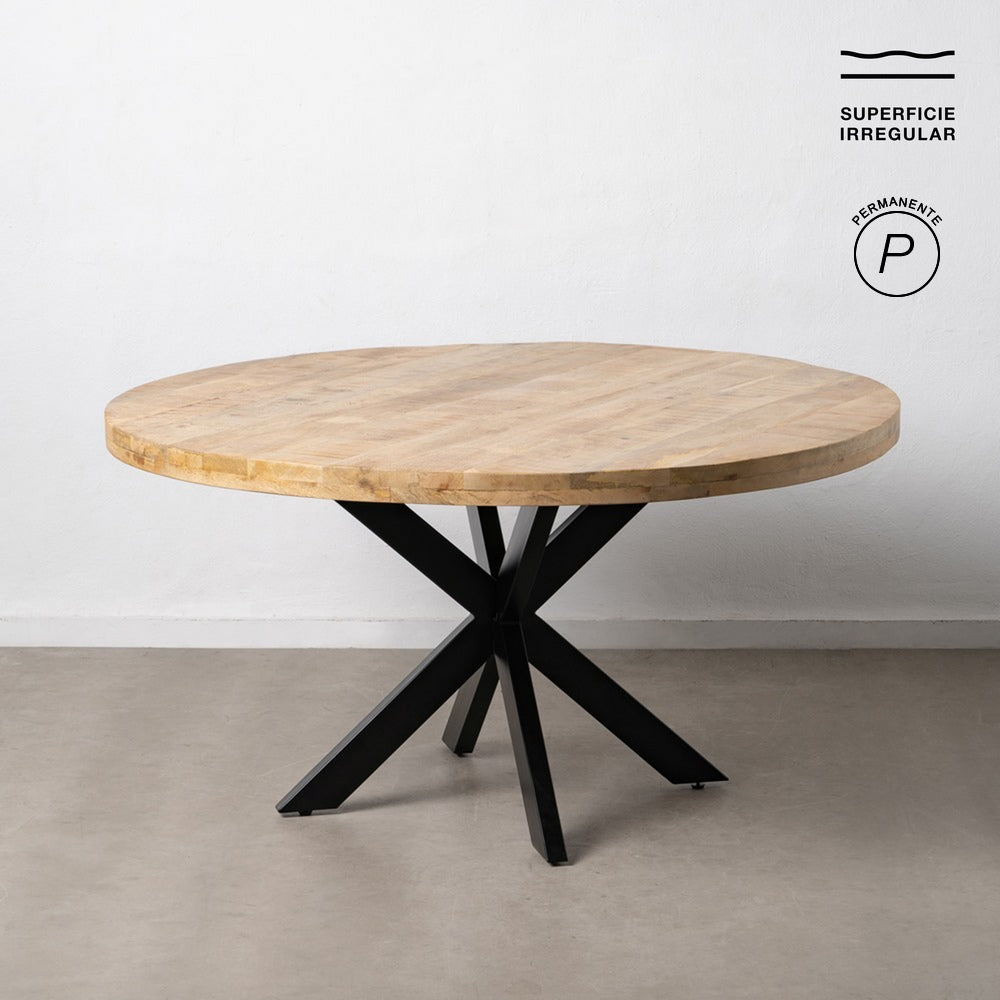 MESA COMEDOR NATURAL-NEGRO MADERA-HIERRO 150 X 150 X 77 CM