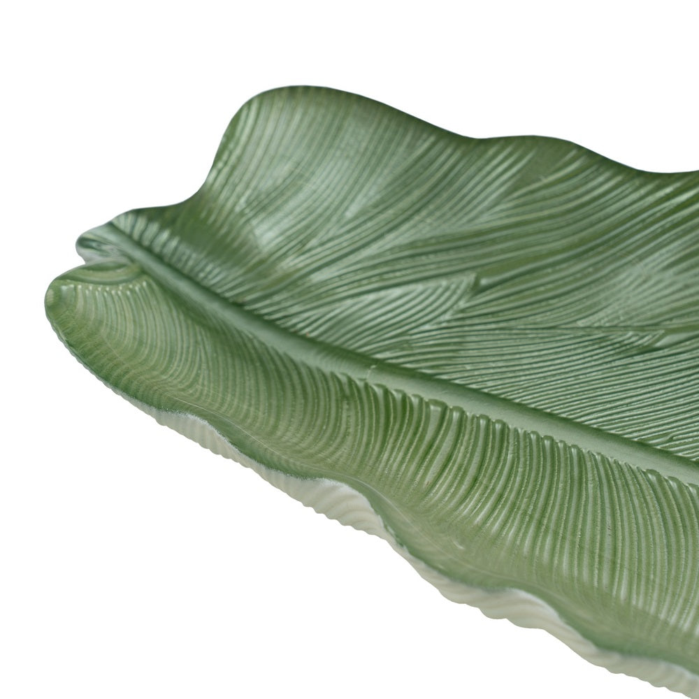GREEN LEAF GLASS DECORATIVE TRAY 40 CM