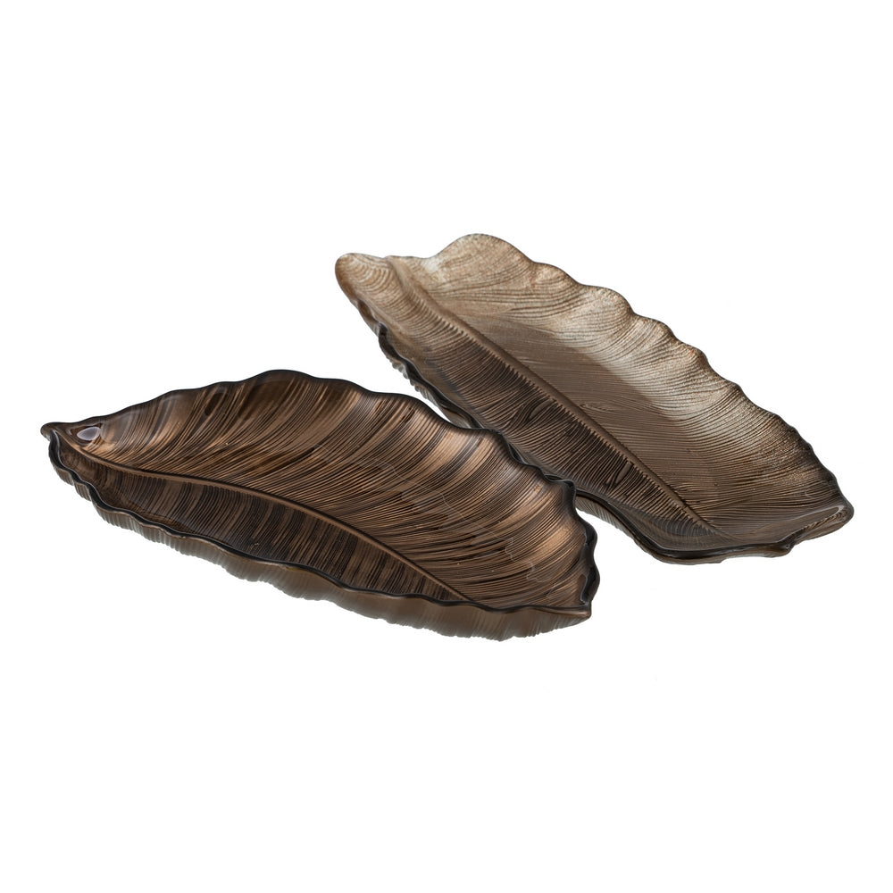 BROWN LEAF GLASS DECORATION TRAY 40 CM