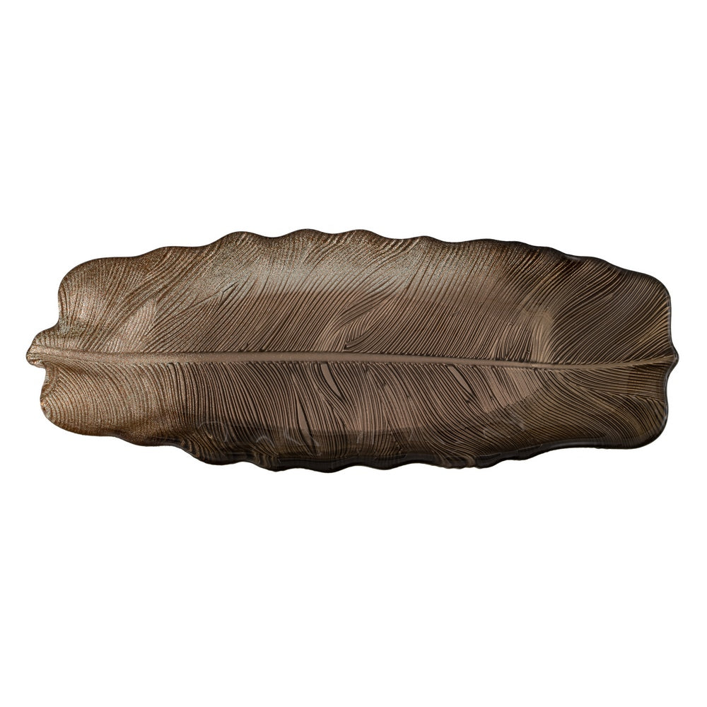BROWN LEAF GLASS DECORATION TRAY 40 CM