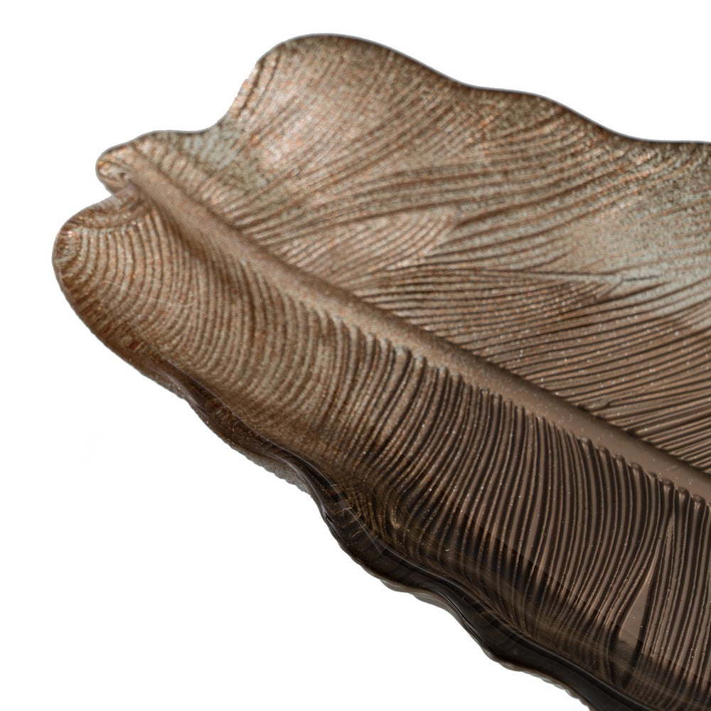 BROWN LEAF GLASS DECORATION TRAY 40 CM