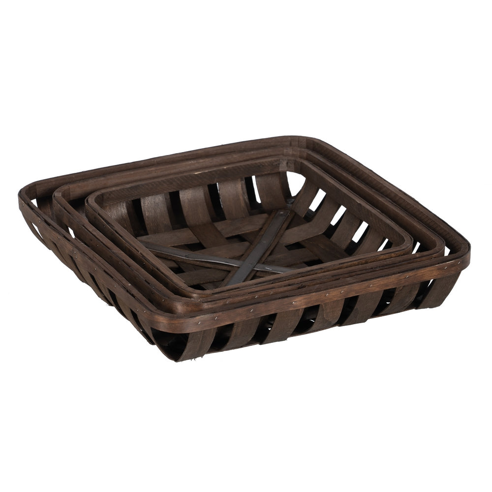 SET OF 3 BROWN WOOD DECORATIVE BASKETS 52 X 52 X 11.50 CM