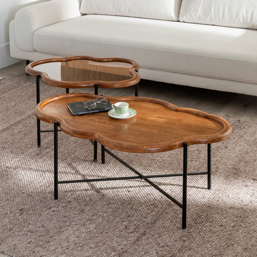 S/2 MESA CENTRO NATURAL MADERA / CRISTAL 89 X 50 X 40 CM