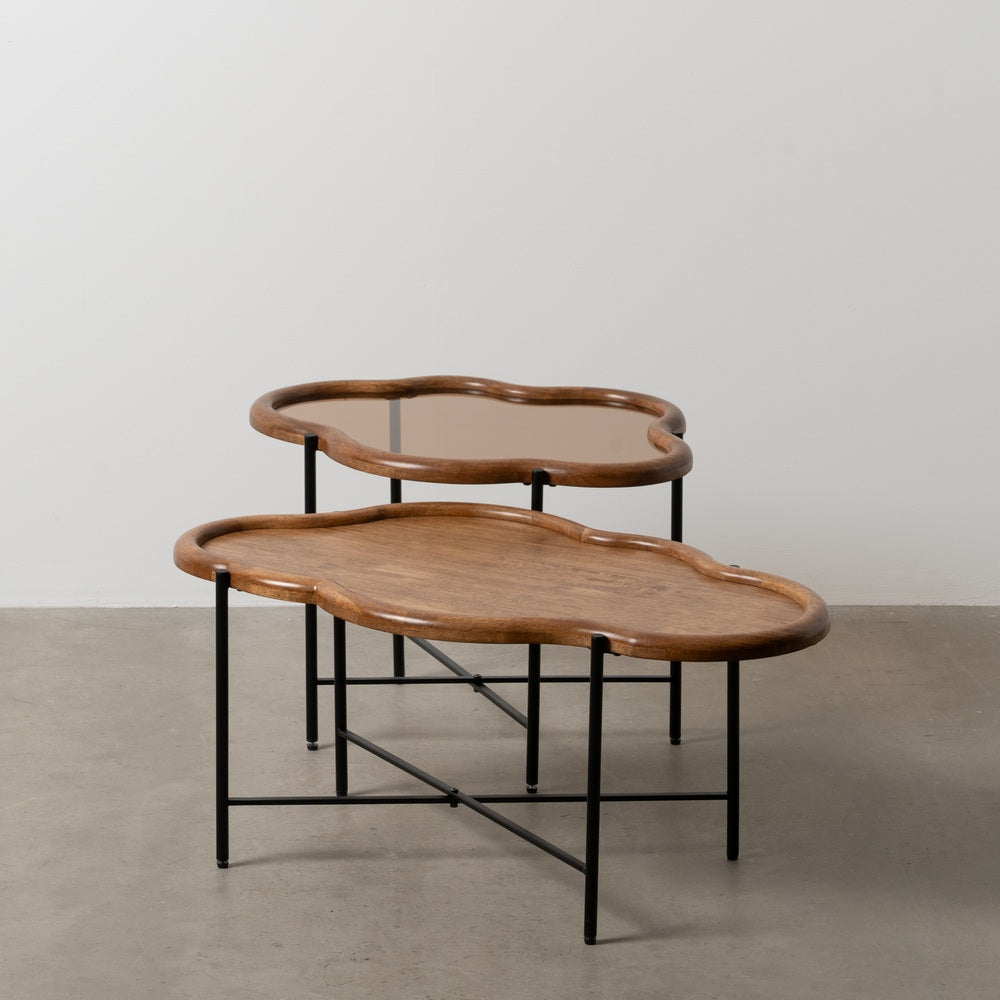 S/2 MESA CENTRO NATURAL MADERA / CRISTAL 89 X 50 X 40 CM
