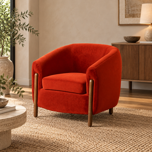 Sillón rojo tejido madera — ambiente