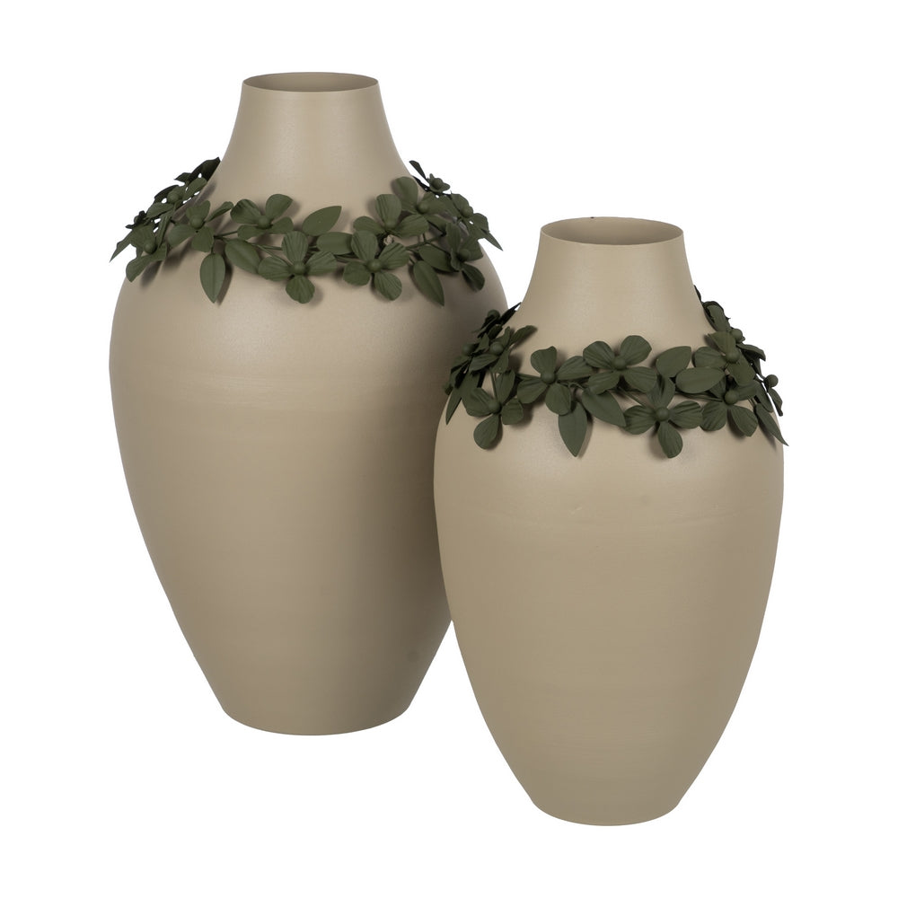 JARRÓN FLORES BEIGE-VERDE METAL 30 X 30 X 53 CM