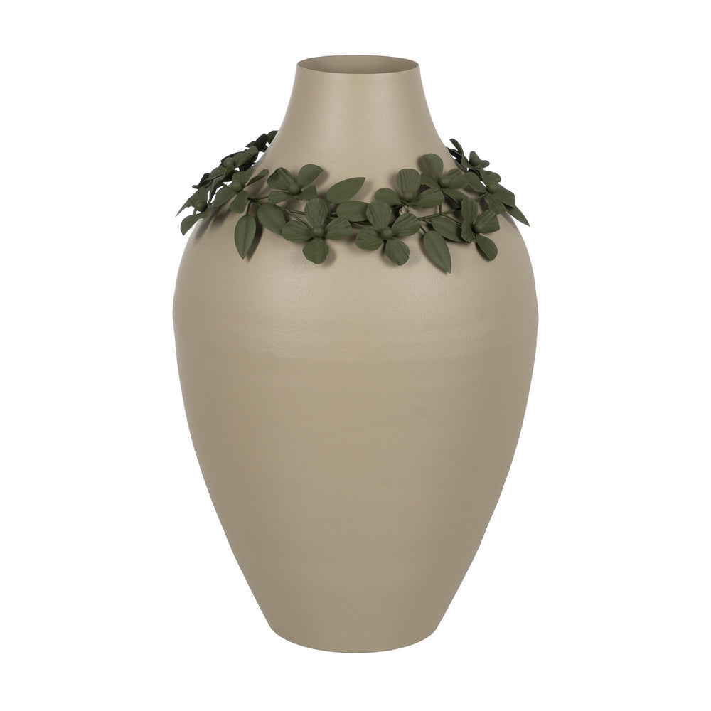 BEIGE-GREEN METAL FLOWER VASE 30 X 30 X 53 CM