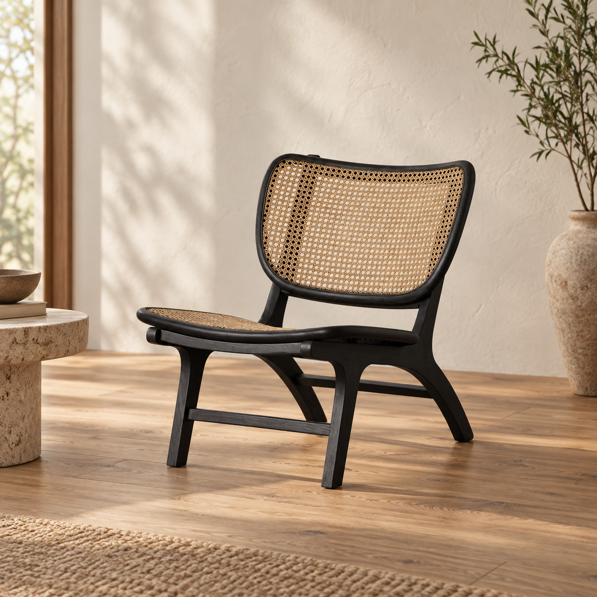 Sillón negro ratán madera — ambiente