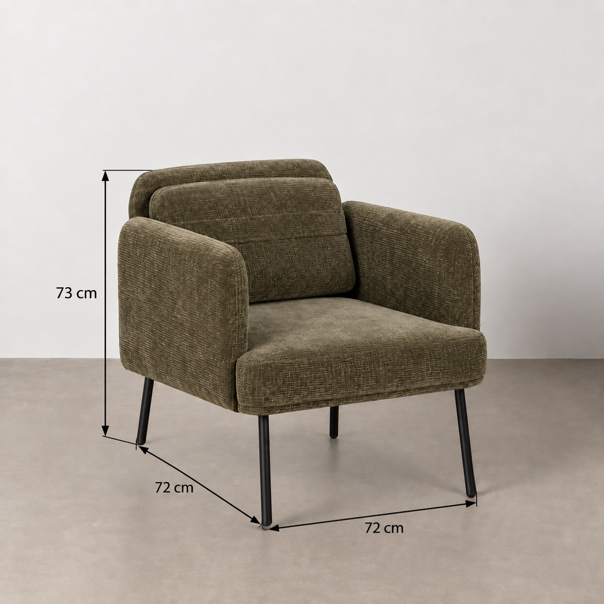 SILLÓN VERDE TEJIDO-MADERA SALÓN 72 X 72 X 73 CM — ficha de medidas