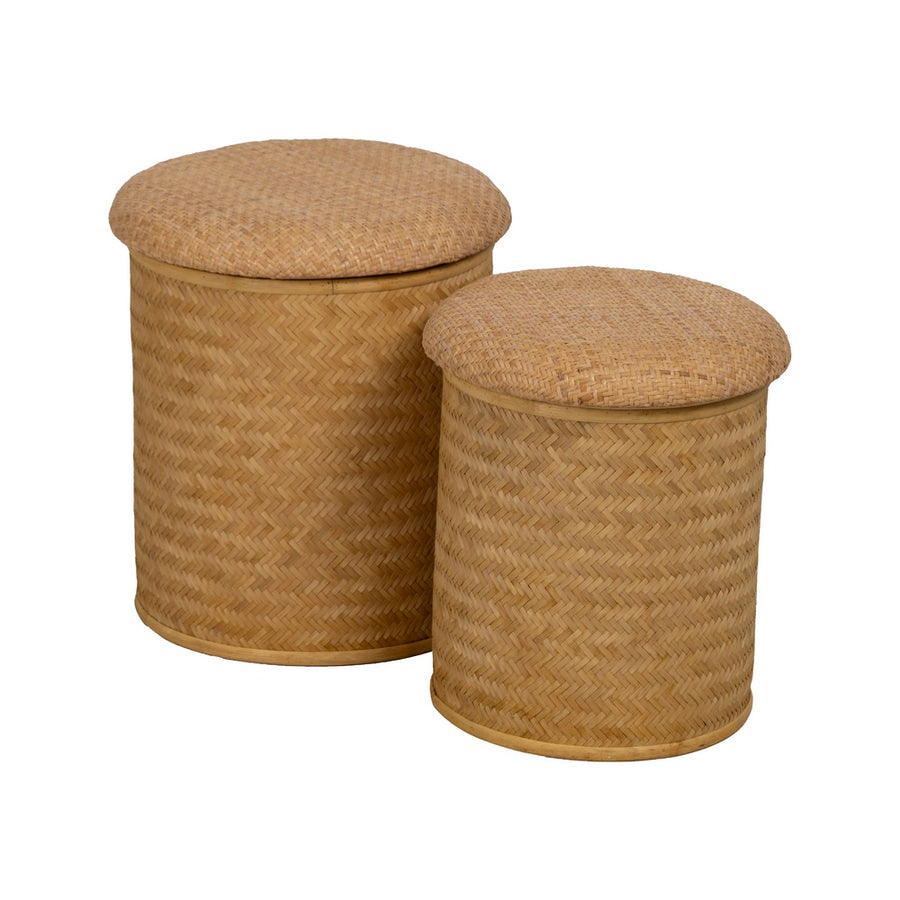 SET OF 2 NATURAL RATTAN LIVING ROOM POUFS 40 X 40 X 46 CM