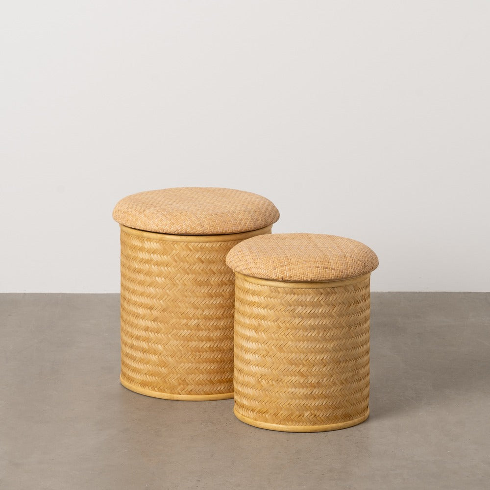 SET OF 2 NATURAL RATTAN LIVING ROOM POUFS 40 X 40 X 46 CM