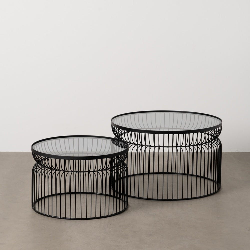 SET OF 2 BLACK METAL AND GLASS COFFEE TABLES 65 X 65 X 40 CM