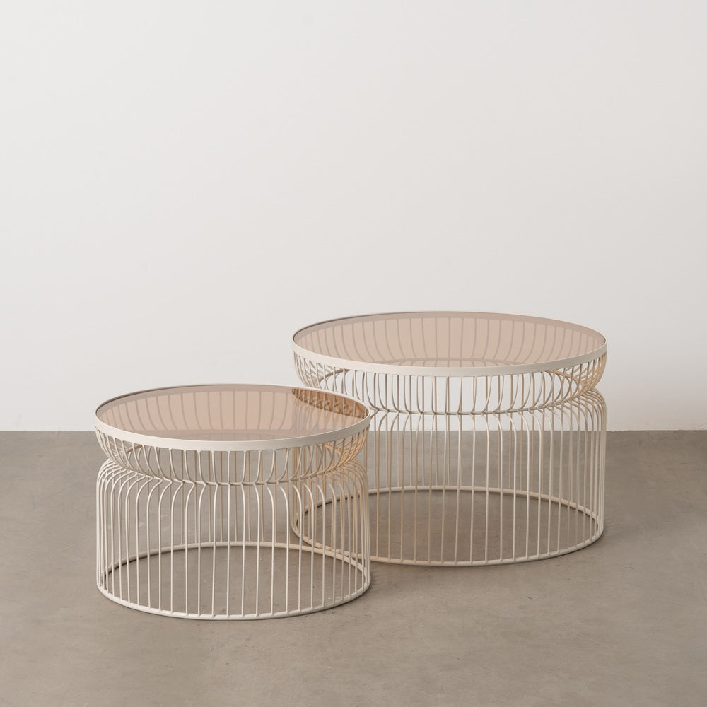 S/2 MESA CENTRO CREMA METAL-CRISTAL 65 X 65 X 40 CM