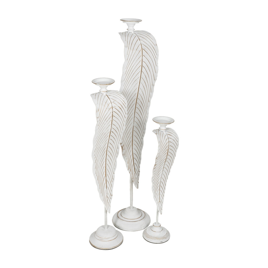 PORTAVELAS HOJA BLANCO METAL DECORACIÓN 20 X 19 X 92 CM