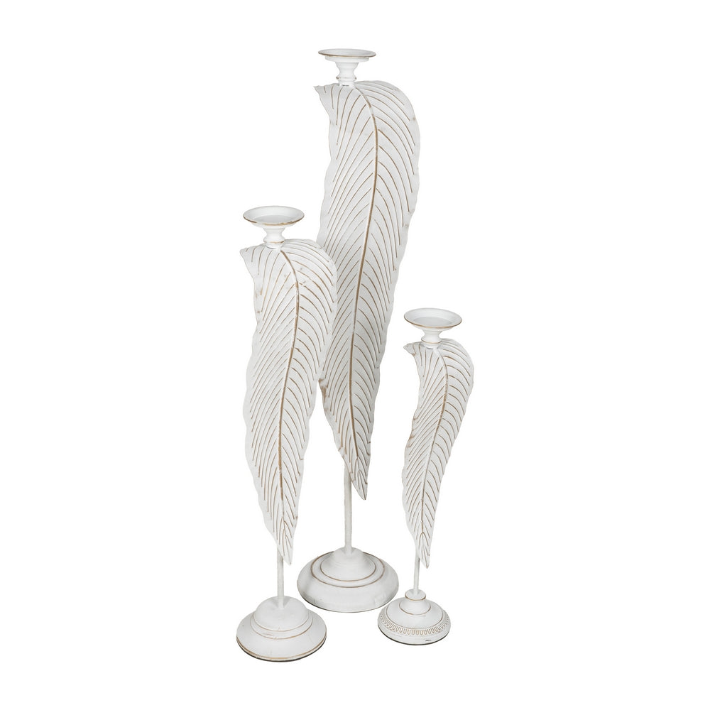 CANDLE HOLDER LEAF WHITE METAL DECORATION 20 X 19 X 92 CM