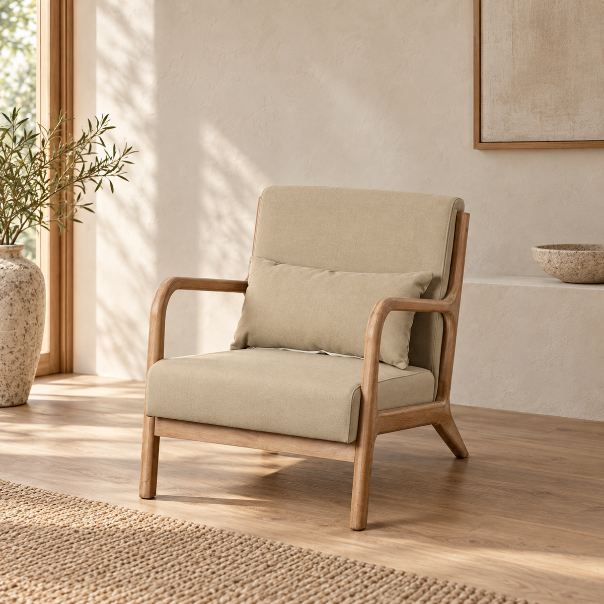 Sillón natural beige tejido madera — ambiente