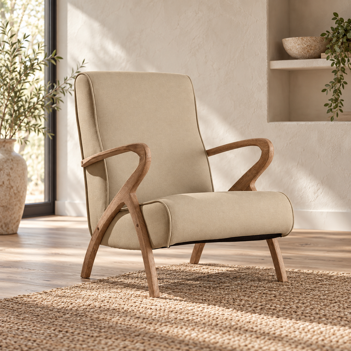 Sillón natural beige tejido madera — ambiente
