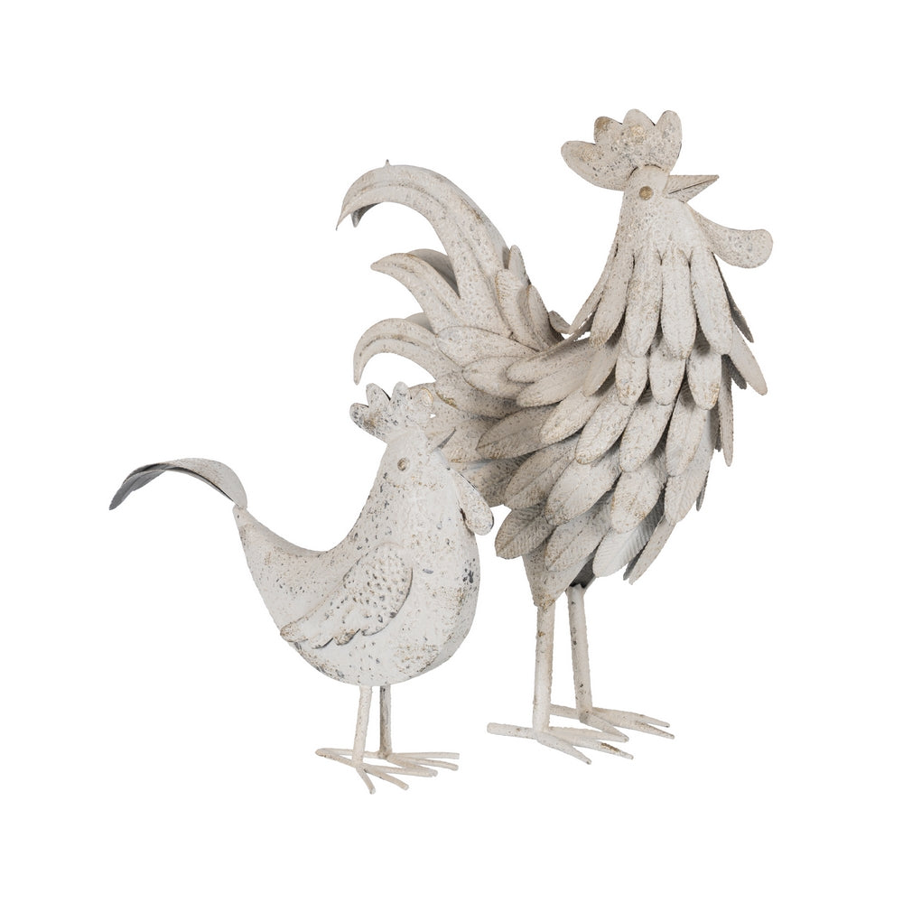 FIGURA GALLO BLANCO ROZADO METAL 36 X 14 X 49,50 CM