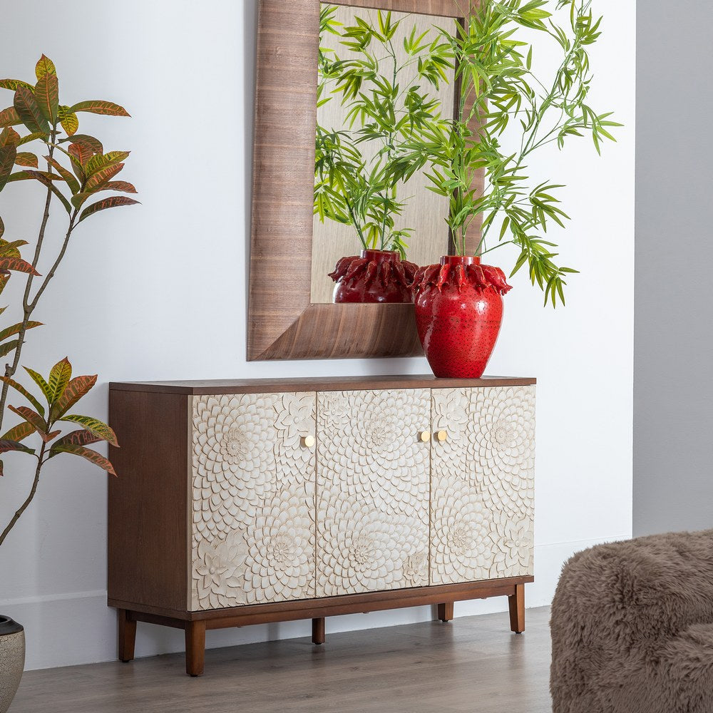 WHITE-BROWN CARVED SIDEBOARD MDF-WOOD 135 X 40 X 80 CM