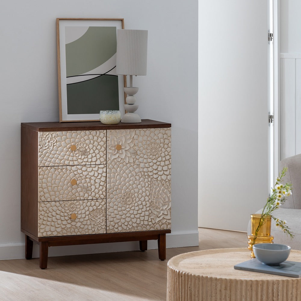 MUEBLE RECIBIDOR TALLADA BLANCO-MARRÓN 80 X 39 X 80 CM