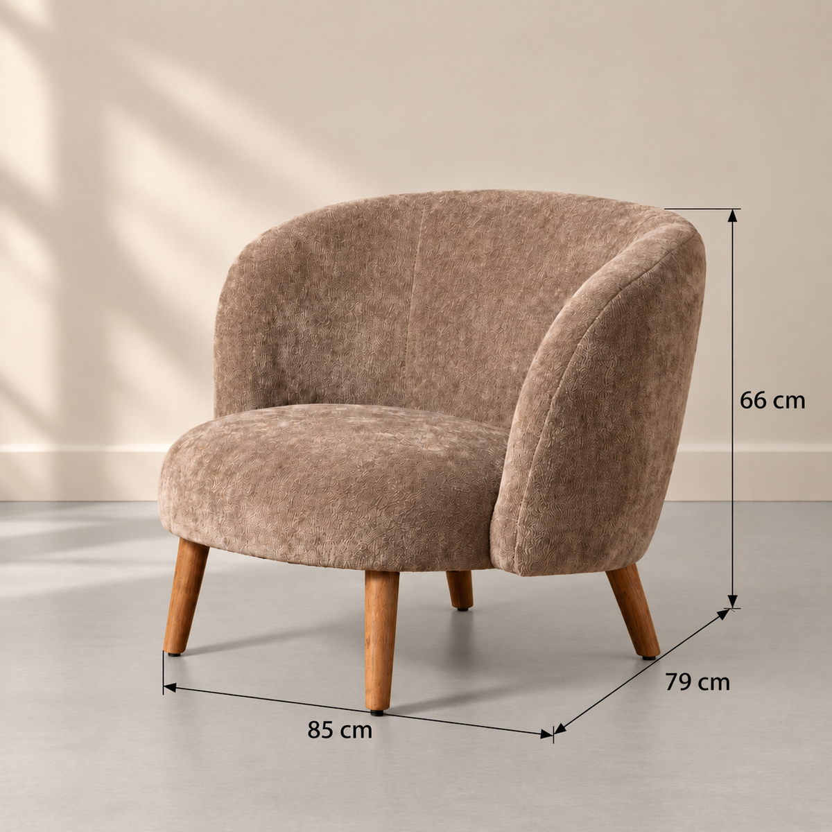 Sillón IXIA-614047 taupe — ficha de medidas 85 × 79 × 66 cm