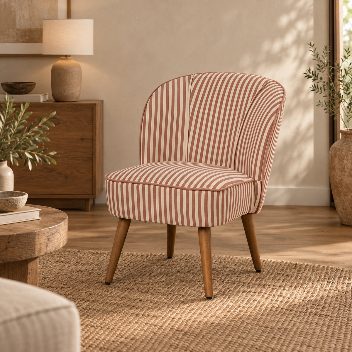 Sillón rayas terracota madera de caucho — ambiente
