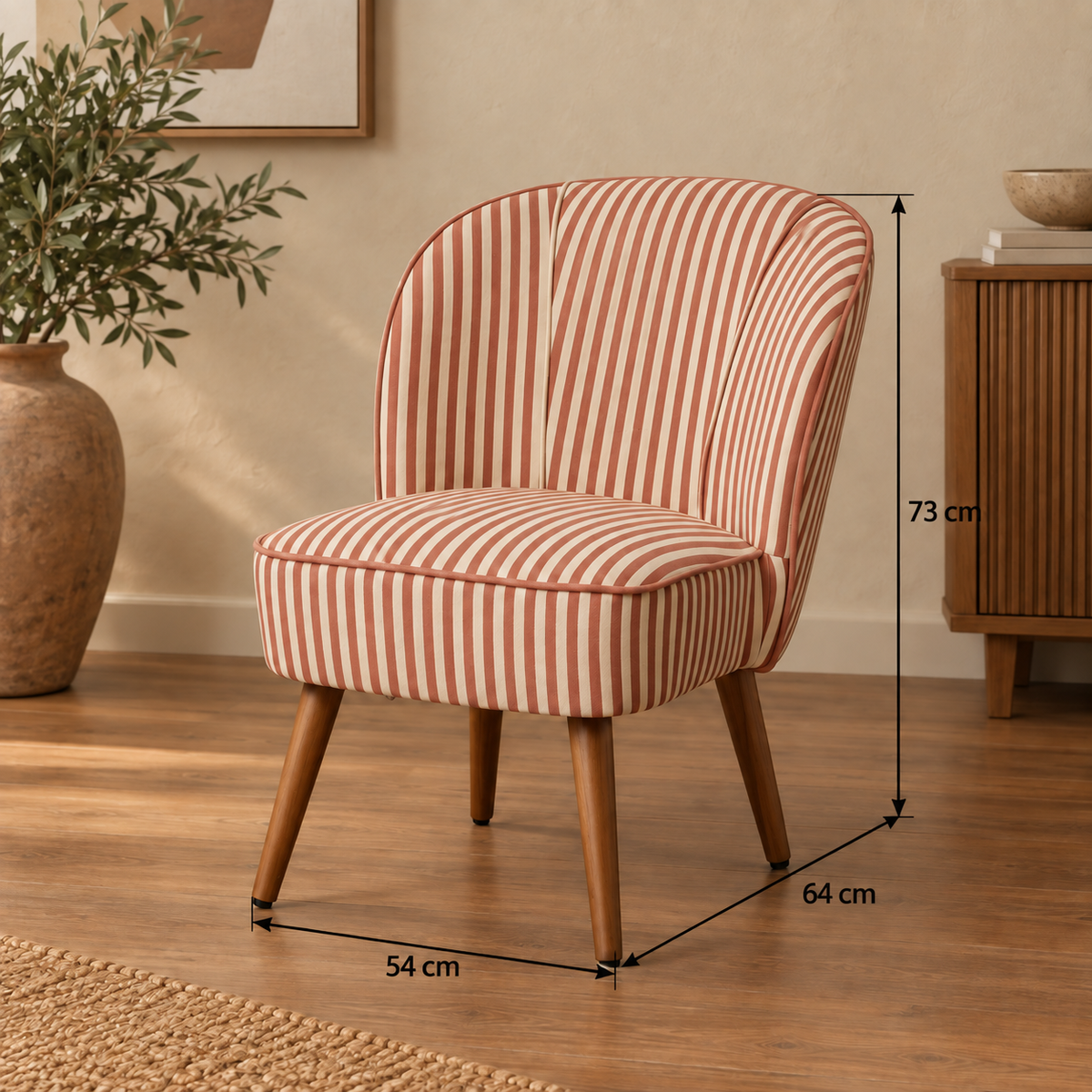Sillón rayas terracota madera de caucho — ficha de medidas