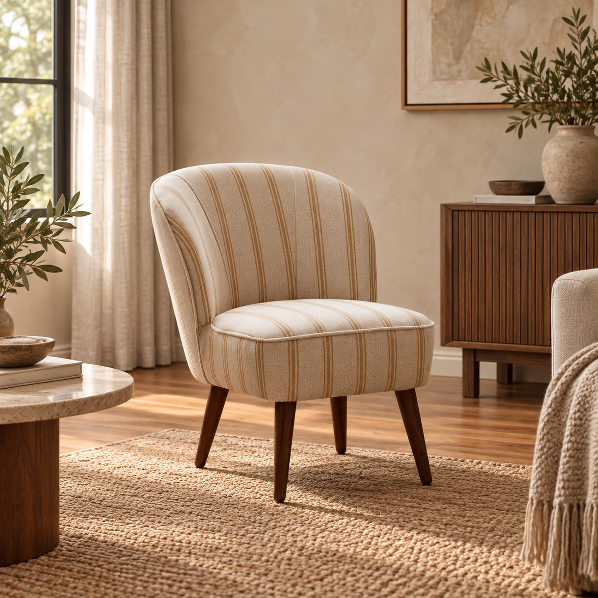 Sillón rayas miel madera de caucho — ambiente