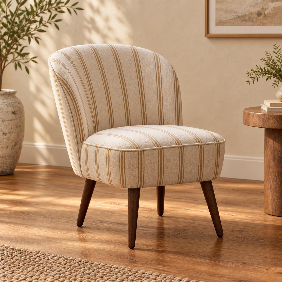 Sillón rayas miel madera de caucho — vista tres cuartos