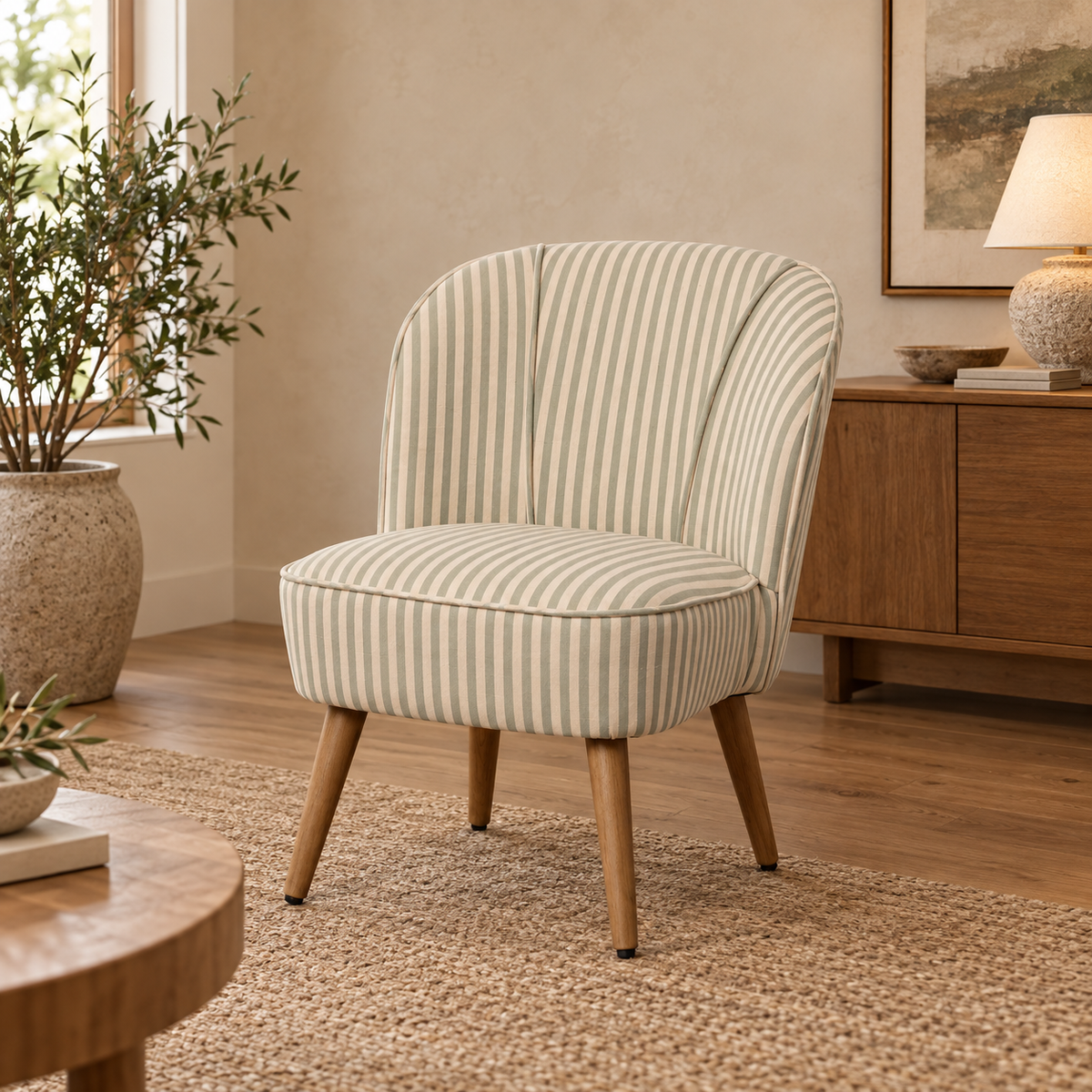 Sillón rayas verde madera de caucho — ambiente