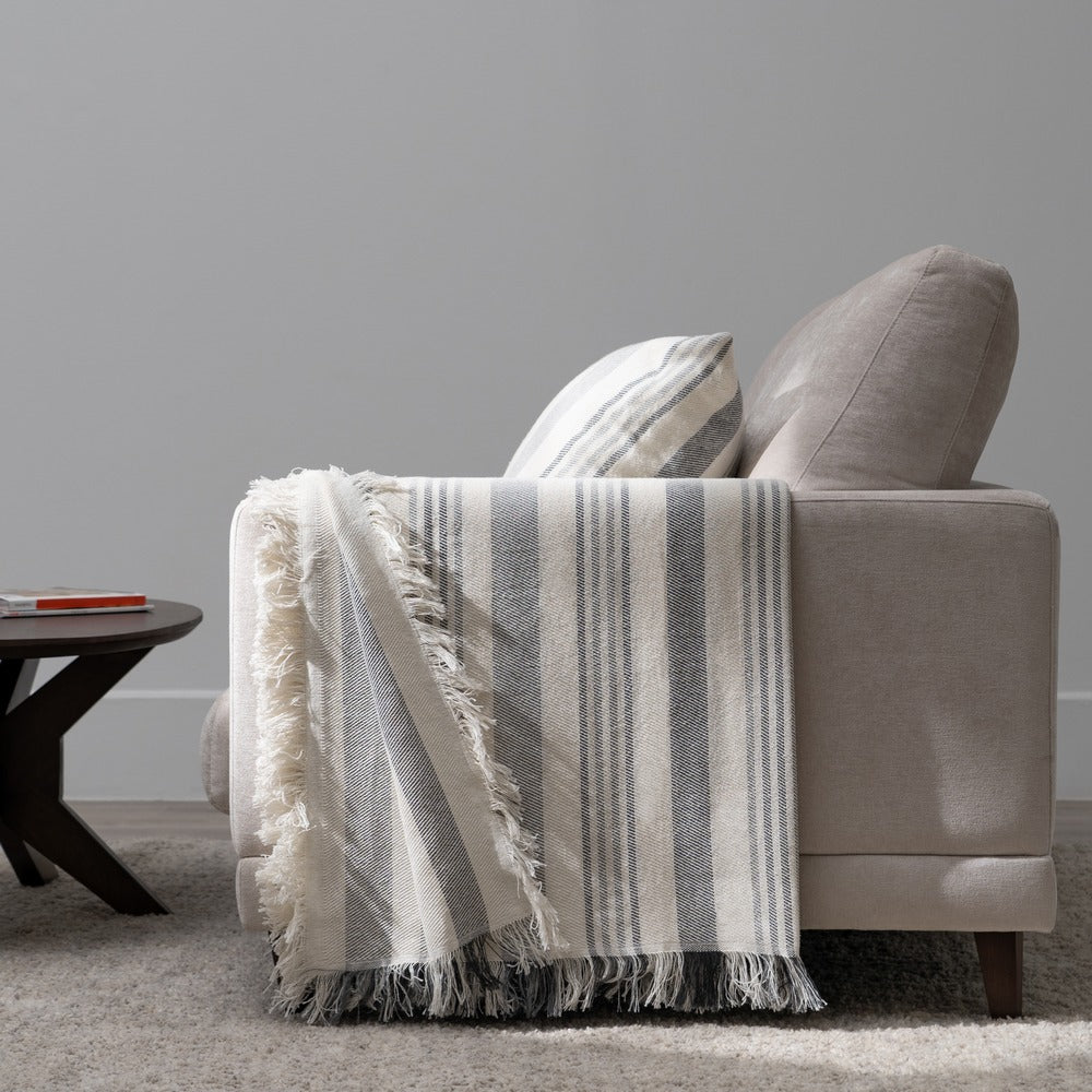 BEIGE-GREY STRIPED COTTON BEDSPREAD 250 X 260 CM