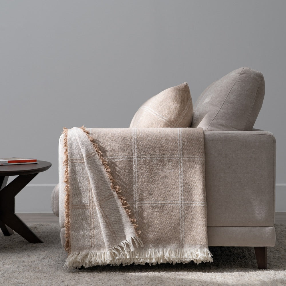 CAMEL PLAID COTTON BEDSPREAD 280 X 260 CM