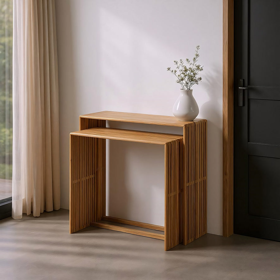 S/2 TEAK WOOD CONSOLE NATURAL 85 X 30 X 86 CM