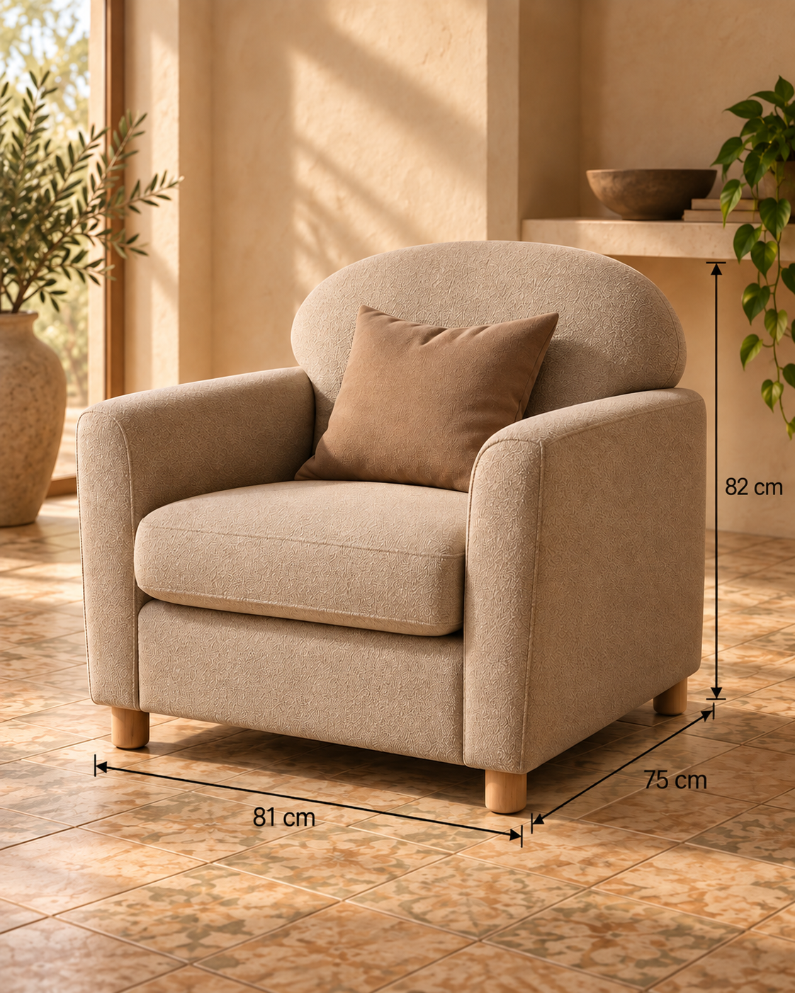 Guía de medidas de MARBLED FABRIC ARMCHAIR LIVING ROOM 81 X 75 X 82 CM