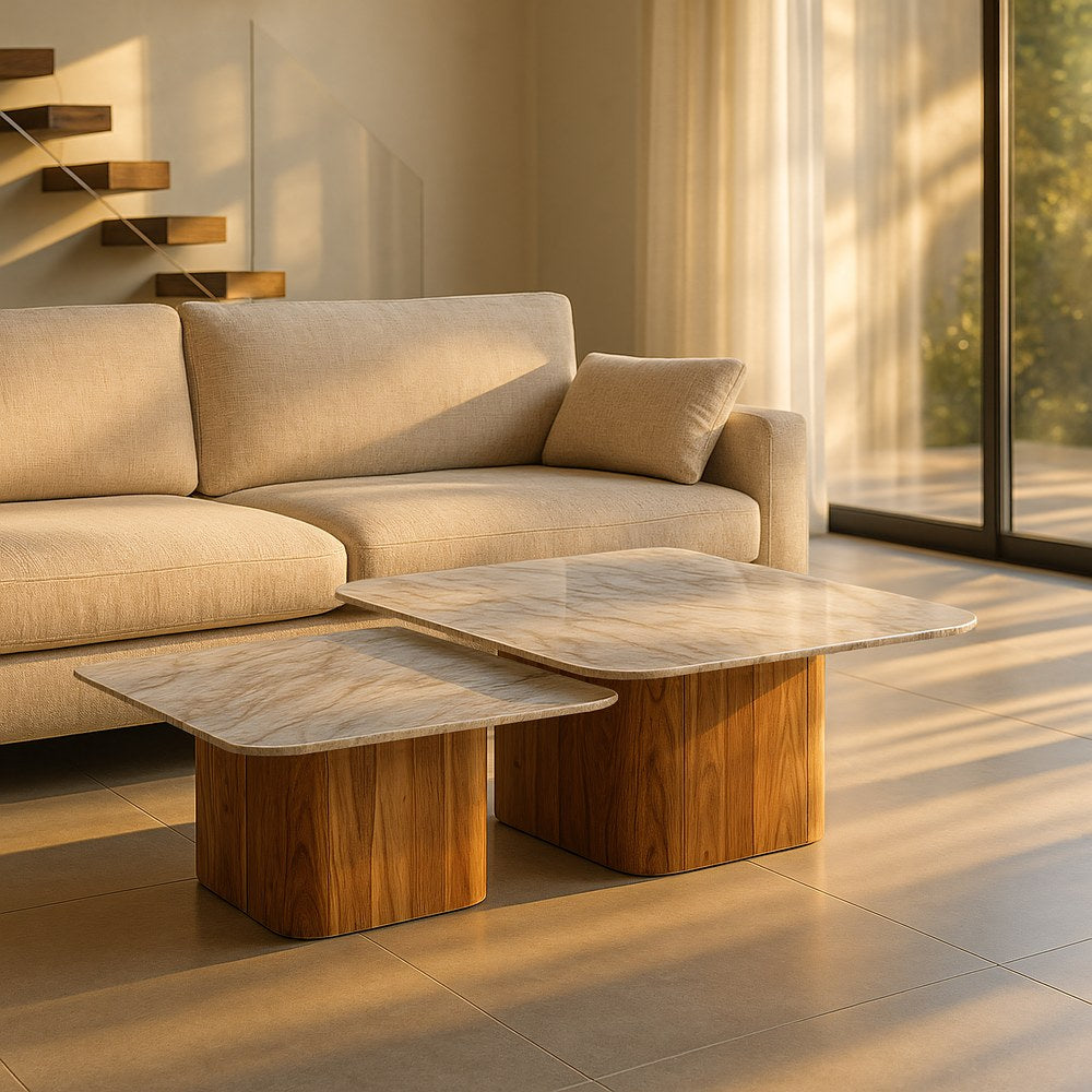 S/2 MESA CENTRO MADERA-MÁRMOL SALÓN 100 X 100 X 41 CM